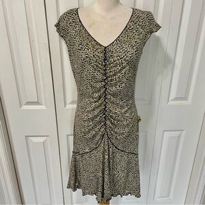 Vintage Max Studio Black and Cream Ruched Midi Dress